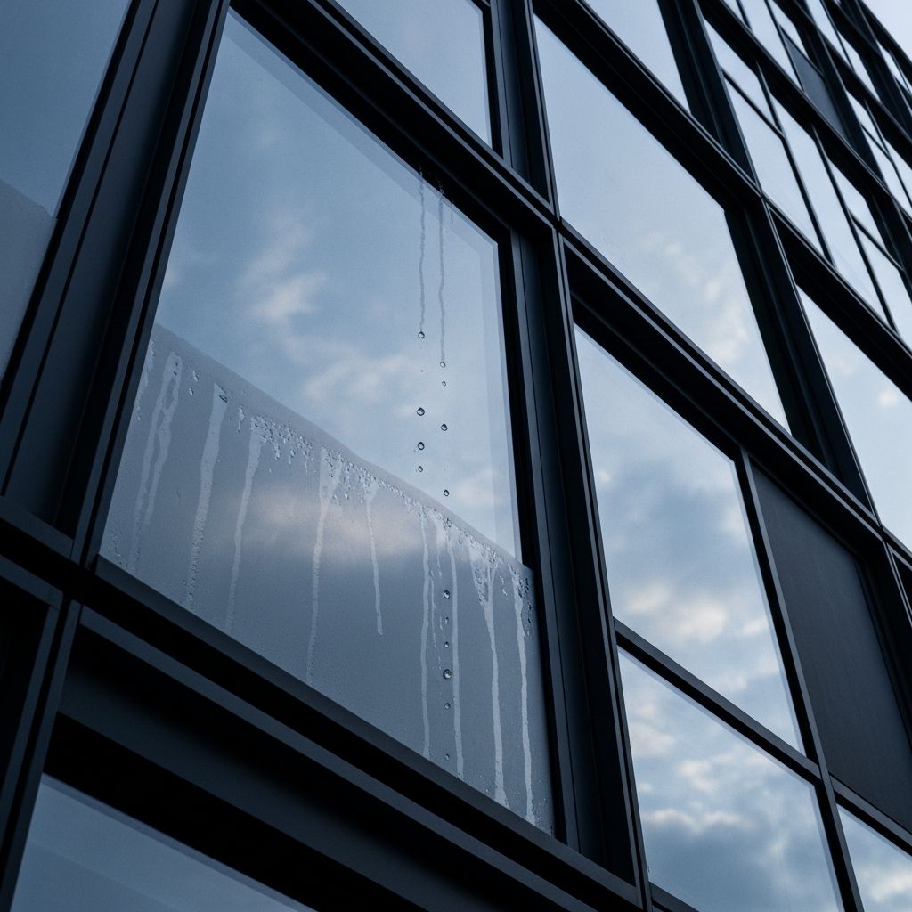 Crystal Clear technician cleaning a high-rise glass facade with a water-fed pole